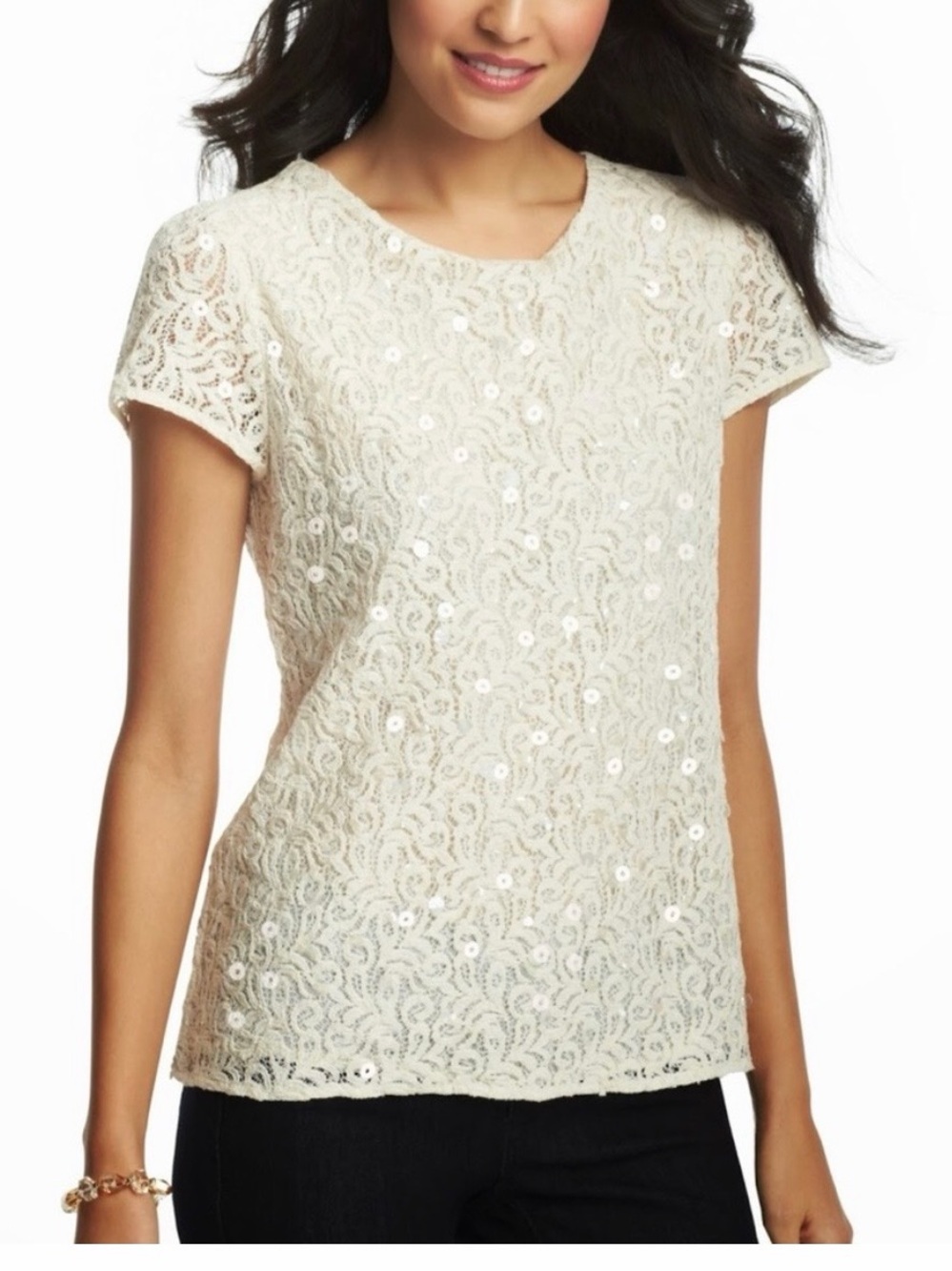 LOFT Cream Paillette Lace Sequin Short Sleeve Blouse